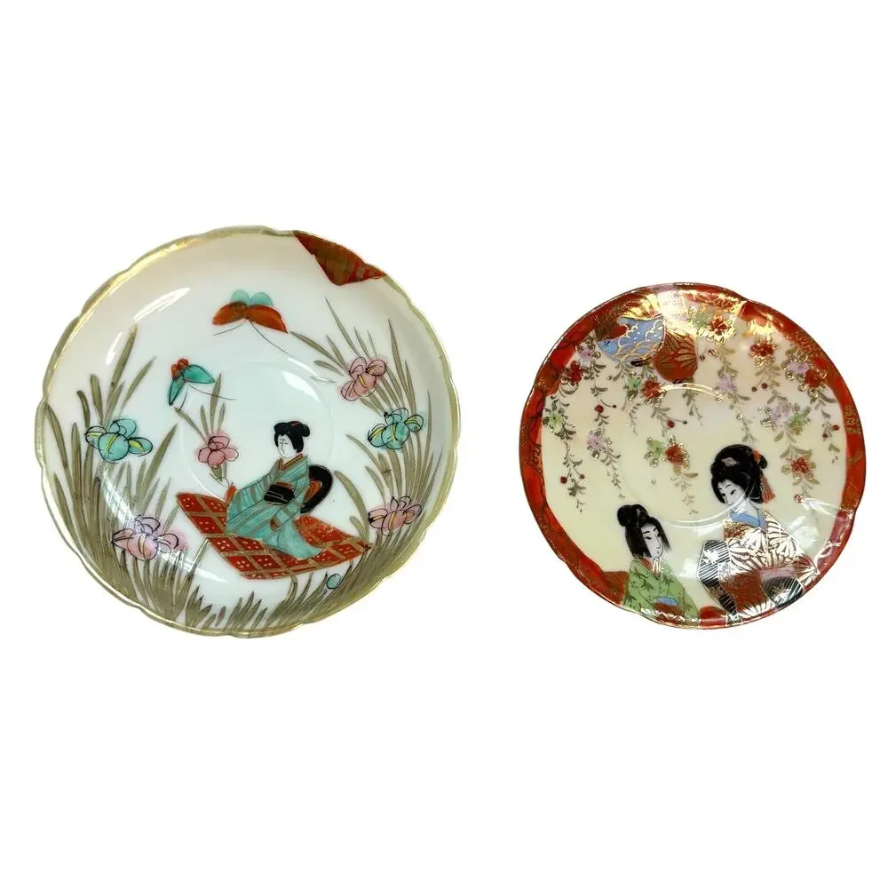 Vintage Japanese Porcelain Geisha Saucers Trinket Bowls Kutani Style Set 2